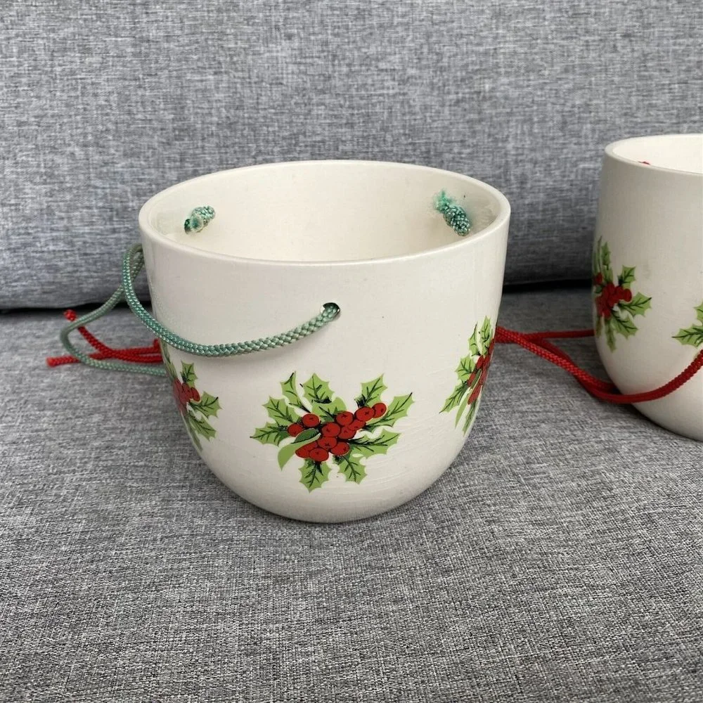 Vintage Ceramic Hanging Planter Christmas Country Sleigh Holly Berry Set of 2